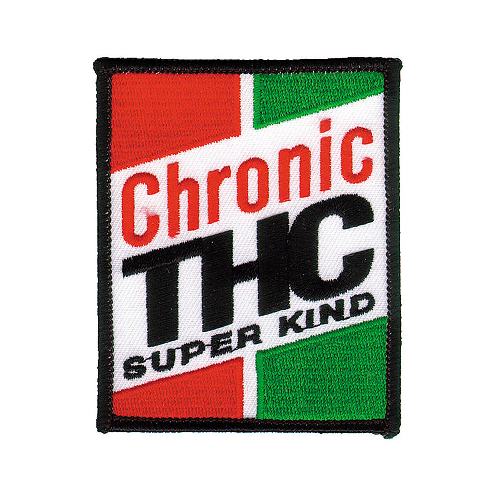 THC Super Kind Patch featuring a retro embroidered graphic with bold red, green, black, and white stitching on a rectangular patch