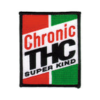 THC Super Kind Patch featuring a retro embroidered graphic with bold red, green, black, and white stitching on a rectangular patch