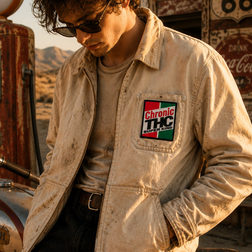 THC Super Kind Patch displayed on the left chest pocket of a faded cream canvas mechanic jacket worn by a young rider at a vintage California desert gas station, featuring a retro embroidered cannabis-inspired design