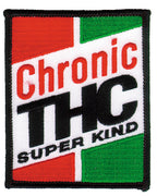 THC Super Kind Patch featuring a retro embroidered graphic with bold red, green, black, and white stitching on a rectangular patch