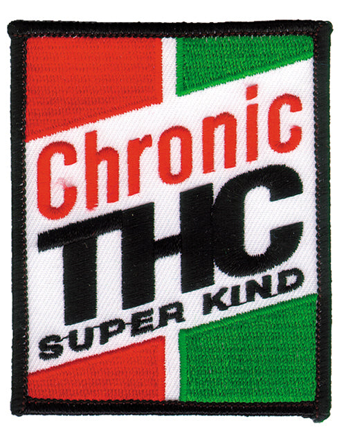 THC Super Kind Patch featuring a retro embroidered graphic with bold red, green, black, and white stitching on a rectangular patch