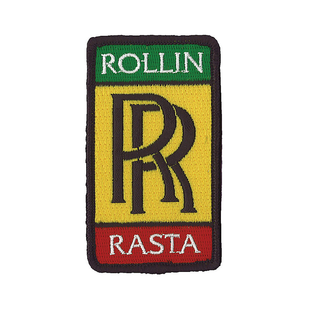 THC Rollin Rasta Patch featuring a vertical embroidered reggae-inspired design with green, yellow, red, black, and white stitching