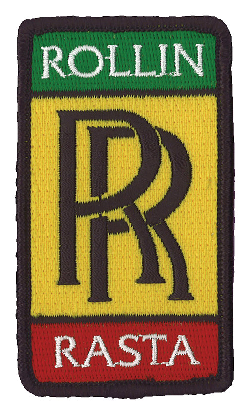 THC Rollin Rasta Patch featuring a vertical embroidered reggae-inspired design with green, yellow, red, black, and white stitching