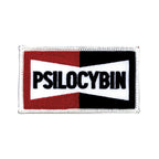 THC Psilocybin Patch featuring a retro embroidered graphic with bold black “Psilocybin” lettering on a red, black, and white background