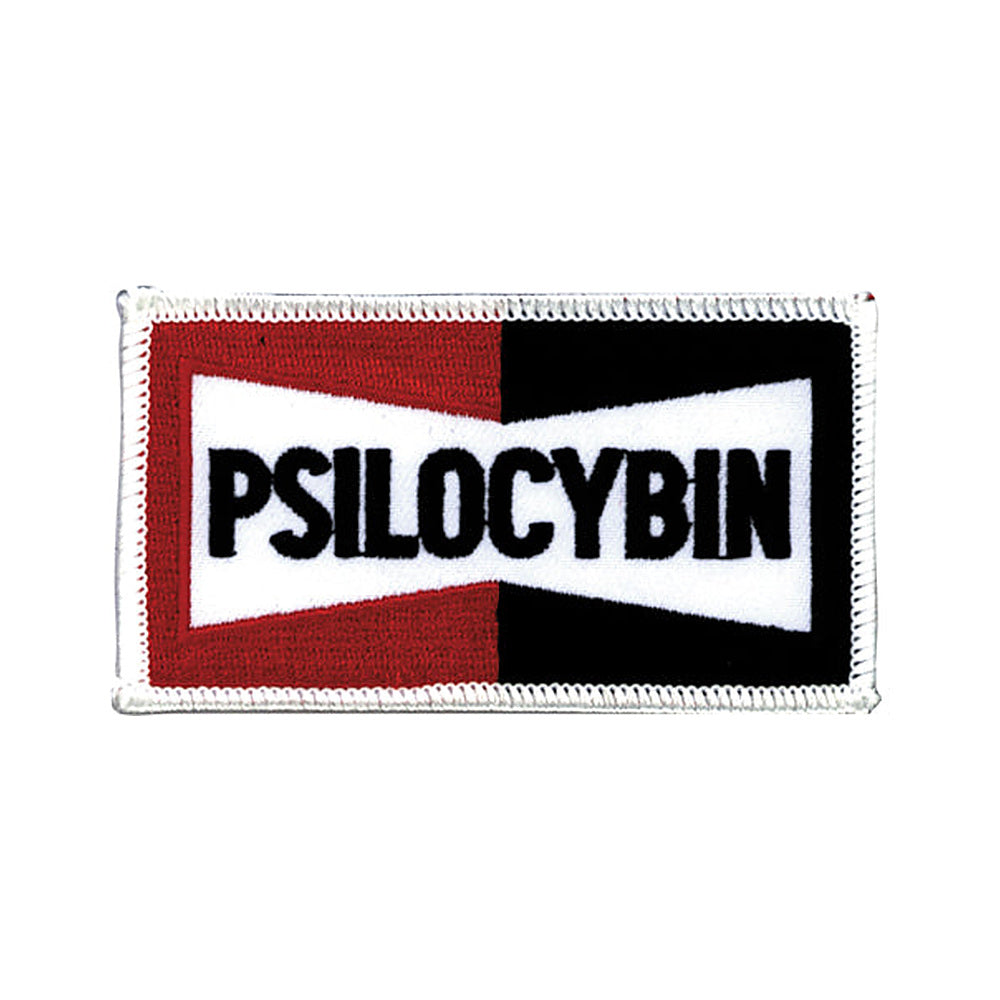 THC Psilocybin Patch featuring a retro embroidered graphic with bold black “Psilocybin” lettering on a red, black, and white background