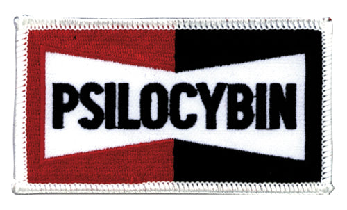 THC Psilocybin Patch featuring a retro embroidered graphic with bold black “Psilocybin” lettering on a red, black, and white background