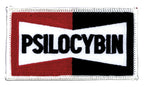 THC Psilocybin Patch featuring a retro embroidered graphic with bold black “Psilocybin” lettering on a red, black, and white background