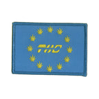 THC Europaz Patch featuring a blue embroidered Europe-inspired flag with gold cannabis leaves surrounding the THC logo