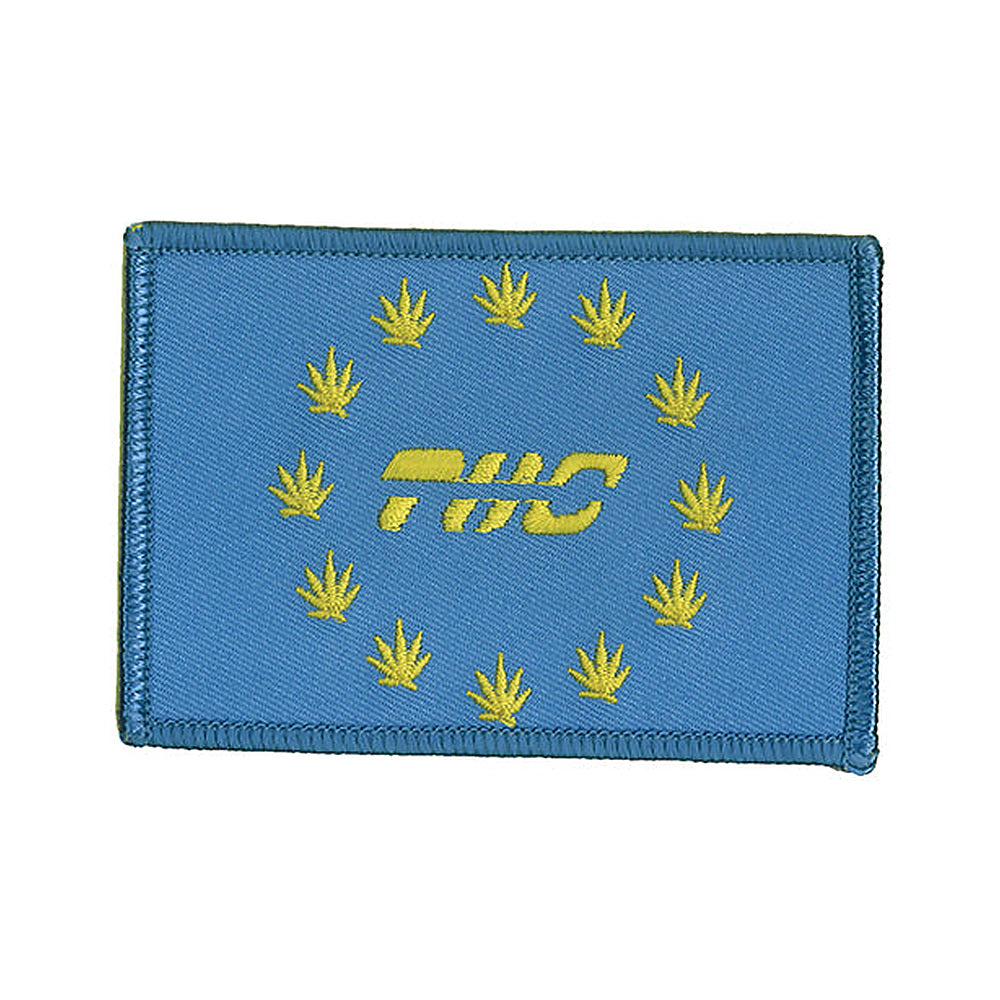 THC Europaz Patch featuring a blue embroidered Europe-inspired flag with gold cannabis leaves surrounding the THC logo