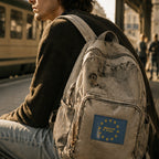 THC Europaz Patch displayed on the front pocket of a weathered light gray canvas backpack carried by a young traveler at a European train station, featuring a blue embroidered flag design with gold cannabis leaves stitched directly into the fabric