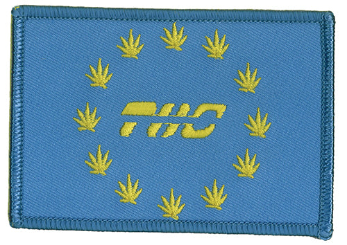 THC Europaz Patch featuring a blue embroidered Europe-inspired flag with gold cannabis leaves surrounding the THC logo