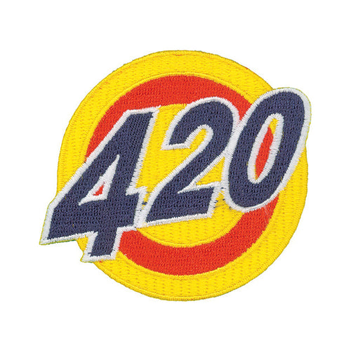 THC 420 Sun Patch featuring a retro embroidered 420 design with a yellow sun, orange circle, and bold blue lettering
