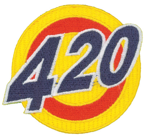 THC 420 Sun Patch featuring a retro embroidered 420 design with a yellow sun, orange circle, and bold blue lettering