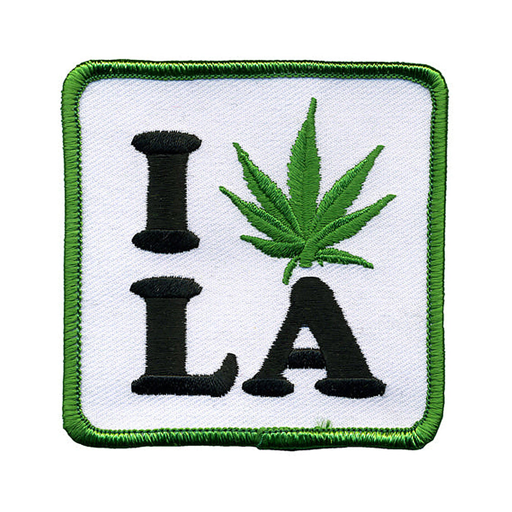 THC Leaf LA Patch featuring an embroidered “I LA” design with a green cannabis leaf replacing the heart on a white background with a green stitched border