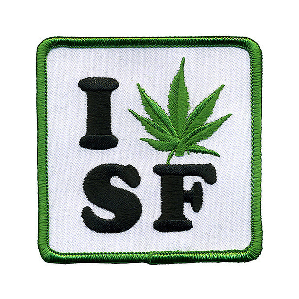 THC Leaf SF Patch featuring an embroidered “I SF” design with a green cannabis leaf replacing the heart on a white background with a green stitched border