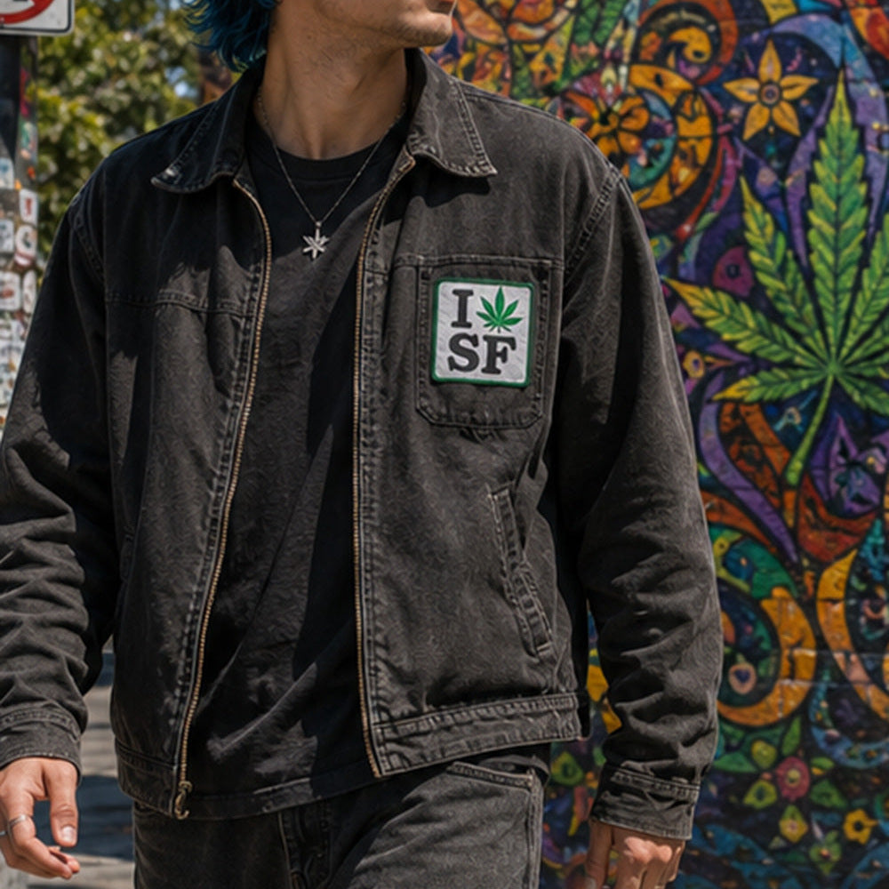 THC Leaf SF Patch displayed on the chest pocket of a black canvas jacket worn in San Francisco’s Haight-Ashbury neighborhood, featuring an embroidered cannabis leaf in a classic San Francisco-inspired design