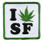 THC Leaf SF Patch featuring an embroidered “I SF” design with a green cannabis leaf replacing the heart on a white background with a green stitched border