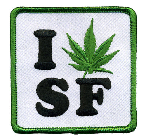 THC Leaf SF Patch featuring an embroidered “I SF” design with a green cannabis leaf replacing the heart on a white background with a green stitched border