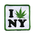 THC Leaf NY Patch featuring an embroidered “I NY” design with a green cannabis leaf replacing the heart on a white background with a green stitched border