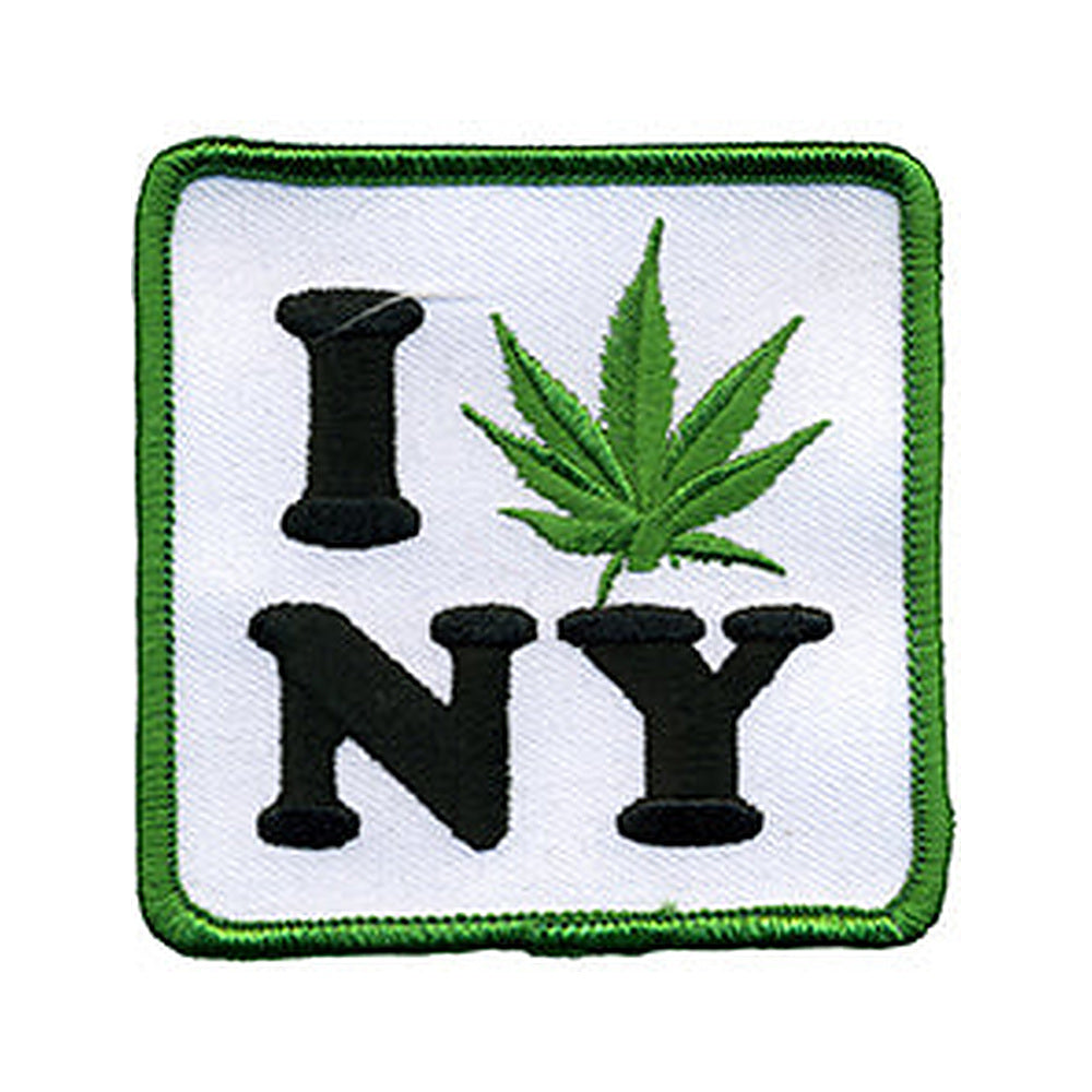 THC Leaf NY Patch featuring an embroidered “I NY” design with a green cannabis leaf replacing the heart on a white background with a green stitched border