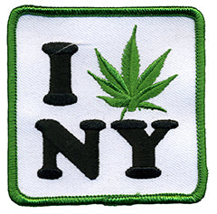 THC Leaf NY Patch featuring an embroidered “I NY” design with a green cannabis leaf replacing the heart on a white background with a green stitched border