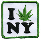 THC Leaf NY Patch featuring an embroidered “I NY” design with a green cannabis leaf replacing the heart on a white background with a green stitched border