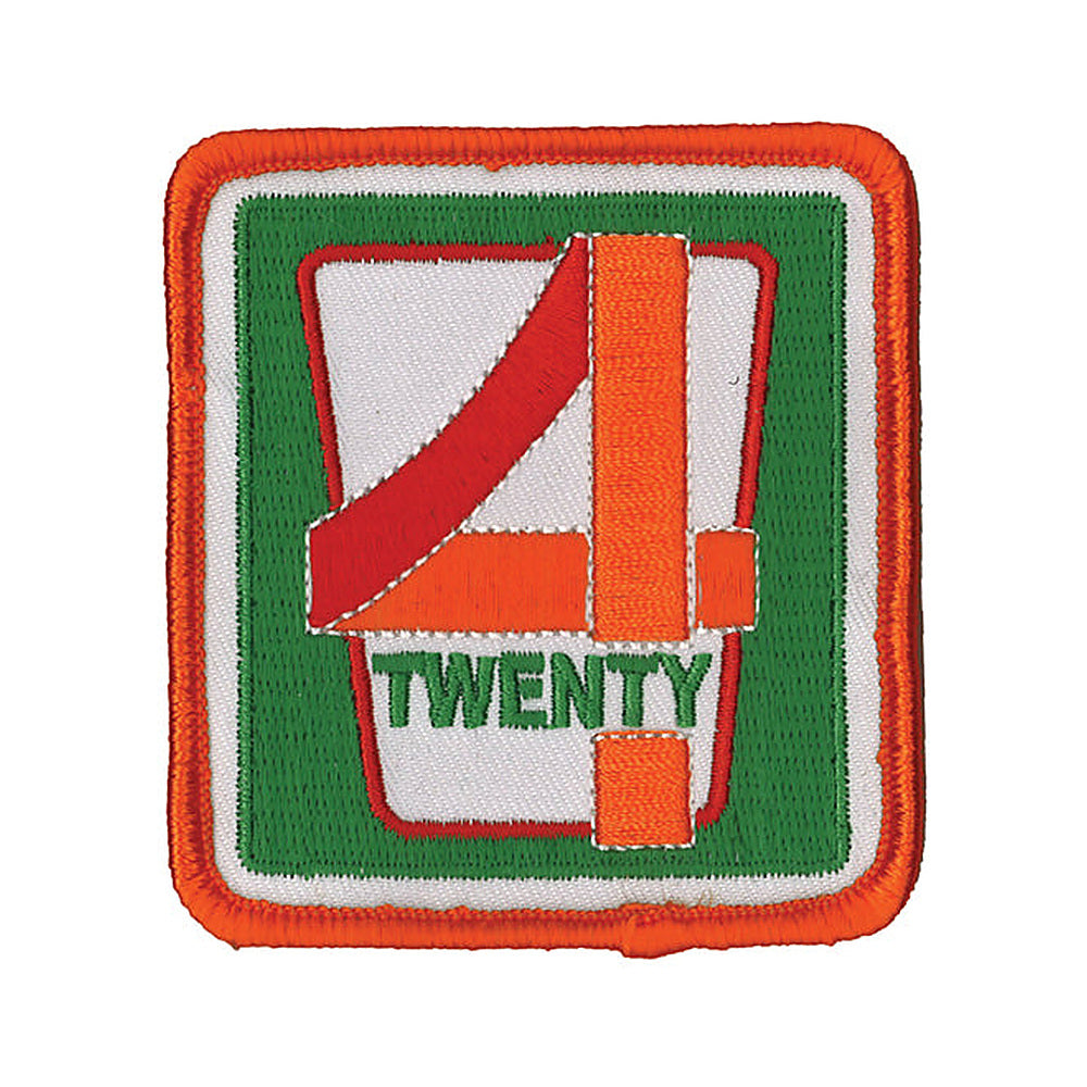THC 420 Patch featuring a retro convenience store-inspired embroidered design with bold orange, green, red, and white stitching