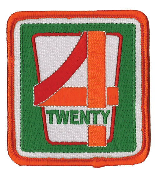 THC 420 Patch featuring a retro convenience store-inspired embroidered design with bold orange, green, red, and white stitching