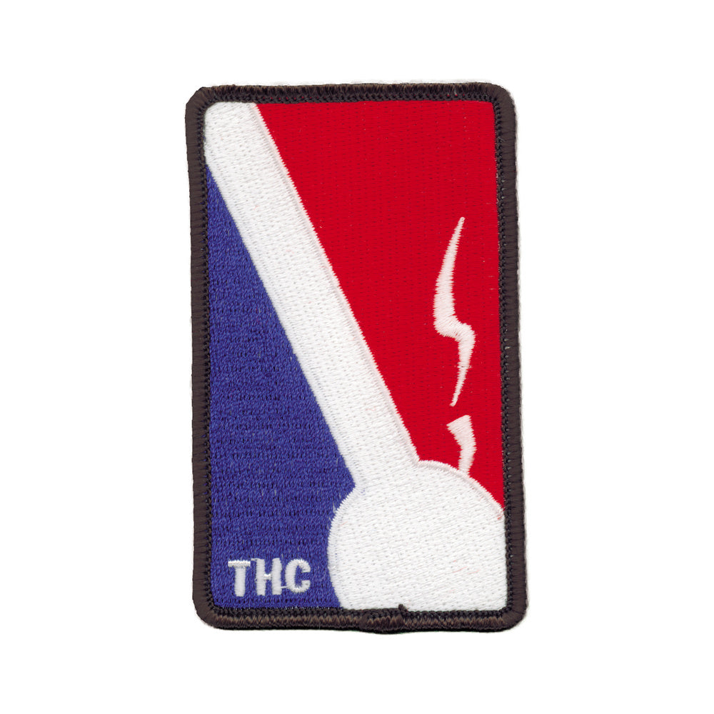 THC NBA Patch featuring a red, white, and blue embroidered sports-inspired design with a smoking joint silhouette and black stitched border