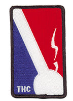 THC NBA Patch featuring a red, white, and blue embroidered sports-inspired design with a smoking joint silhouette and black stitched border