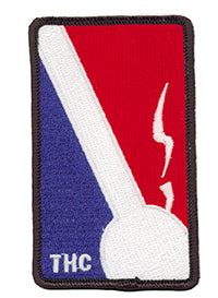THC NBA Patch featuring a red, white, and blue embroidered sports-inspired design with a smoking joint silhouette and black stitched border