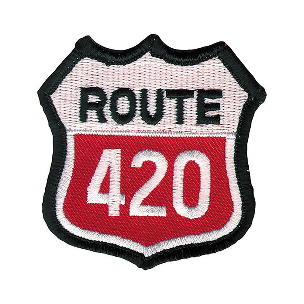 THC Route 420 embroidered patch with red white and black highway sign design