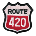 THC Route 420 embroidered patch with red white and black highway sign design