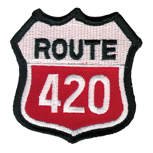 THC Route 420 embroidered patch with red white and black highway sign design