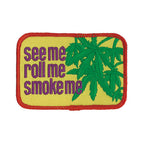 THC See Me Patch featuring retro embroidered lettering with green cannabis leaves on a yellow background and red stitched border