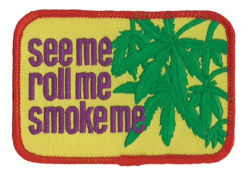 THC See Me Patch featuring retro embroidered lettering with green cannabis leaves on a yellow background and red stitched border
