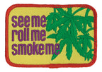 THC See Me Patch featuring retro embroidered lettering with green cannabis leaves on a yellow background and red stitched border