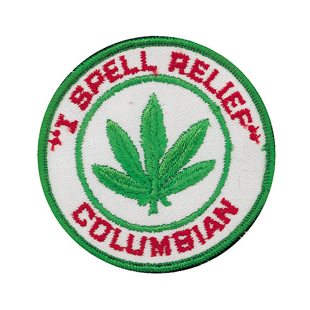 THC Columbian Patch featuring a green embroidered cannabis leaf with red lettering and a green border on a white circular background