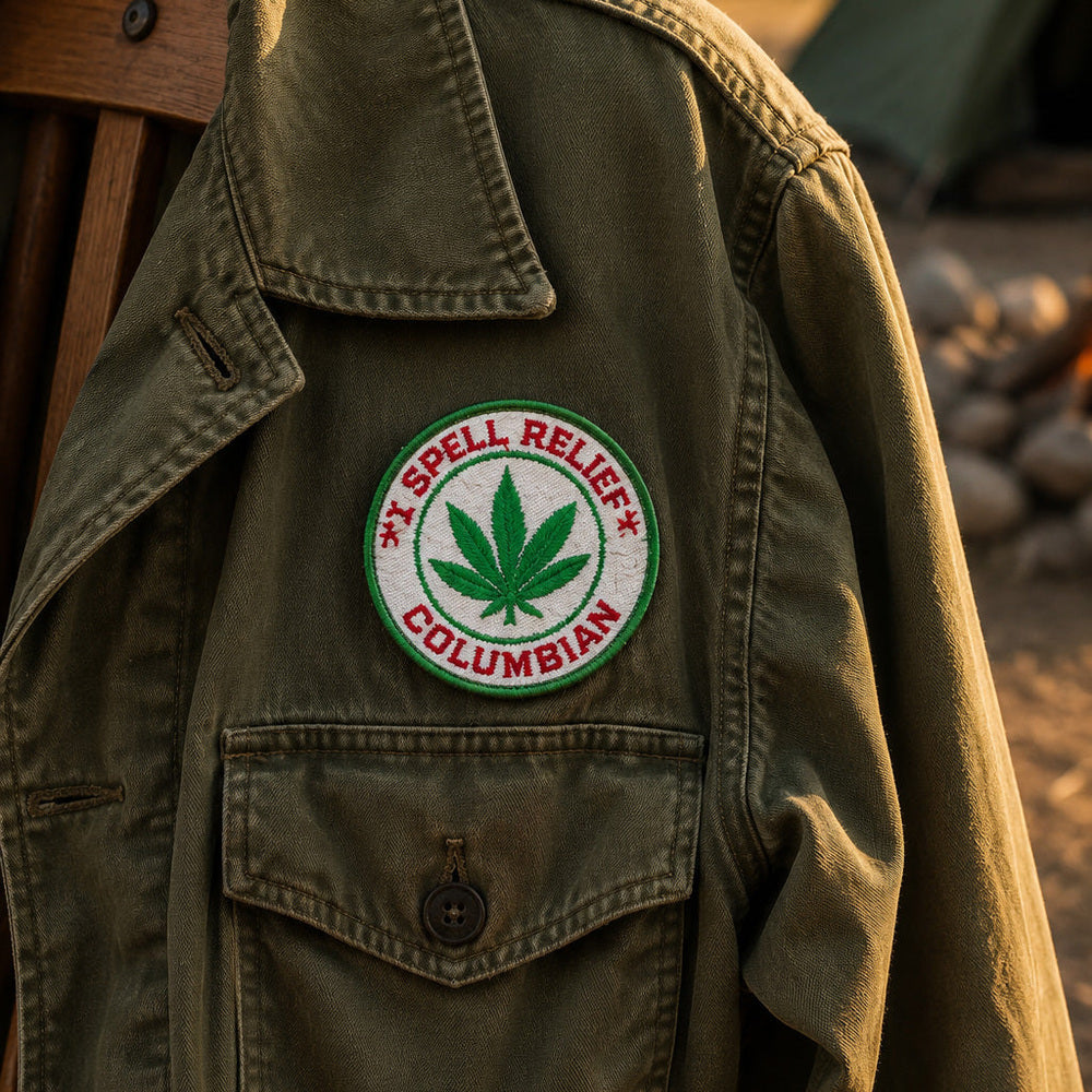 THC Columbian Patch featuring a green cannabis leaf and red embroidered lettering displayed on the chest of a vintage olive-green field jacket outdoors