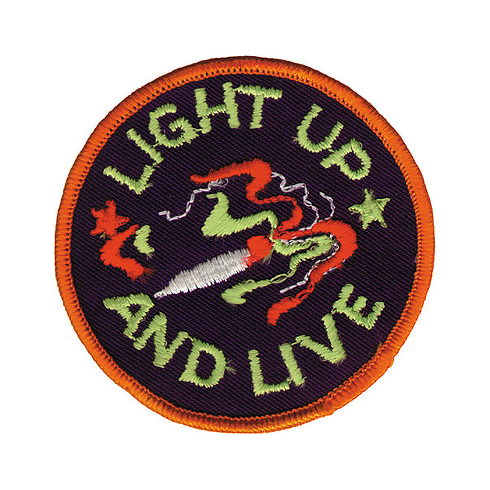 THC Light Up Patch featuring an embroidered smoking joint with swirling smoke and green lettering on a black circular background