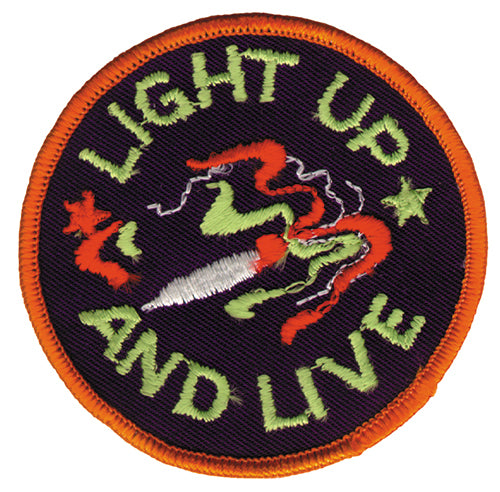 THC Light Up Patch featuring an embroidered smoking joint with swirling smoke and green lettering on a black circular background