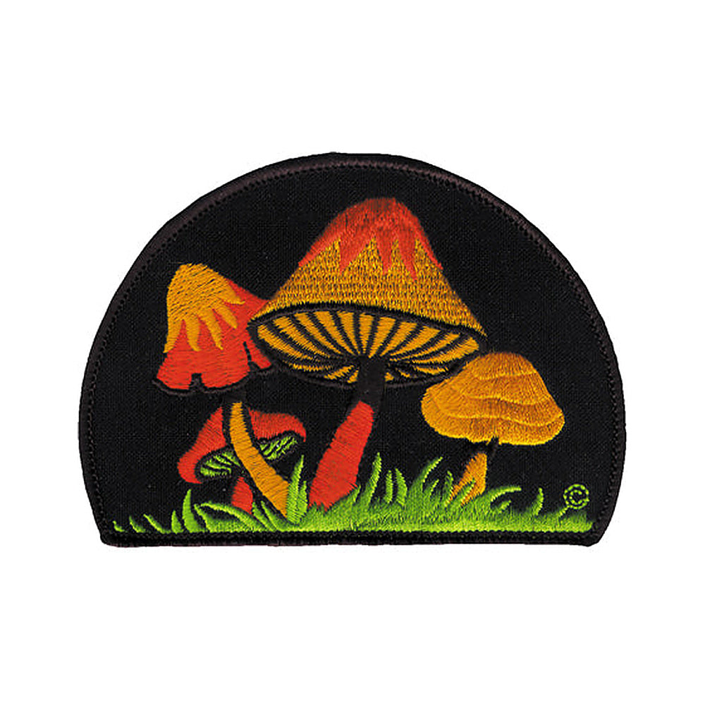 THC Shrooms at Night Patch featuring embroidered orange, yellow, and red mushrooms on a black background with green grass detailing