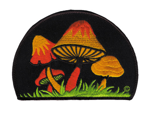 THC Shrooms at Night Patch featuring embroidered orange, yellow, and red mushrooms on a black background with green grass detailing
