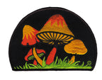 THC Shrooms at Night Patch featuring embroidered orange, yellow, and red mushrooms on a black background with green grass detailing