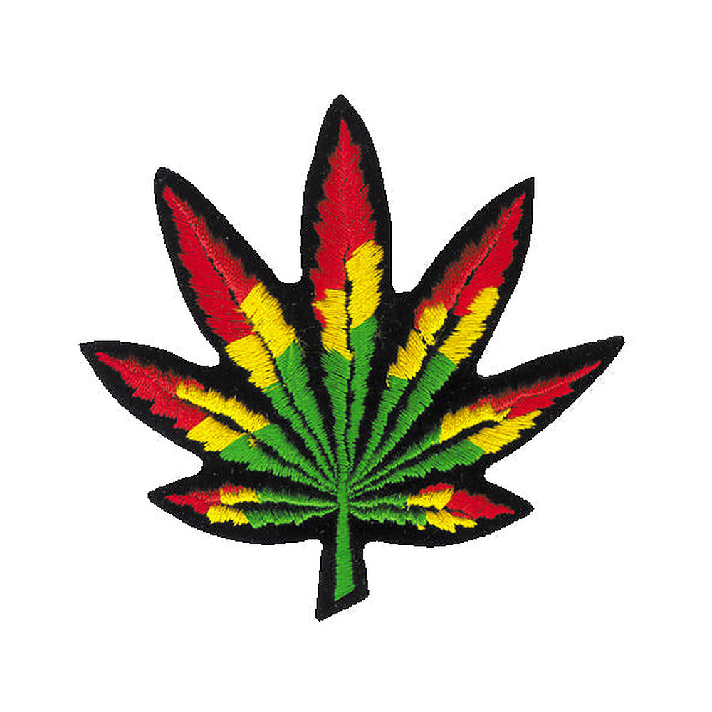 THC Rasta Star embroidered cannabis leaf patch in red, yellow, green, and black colors