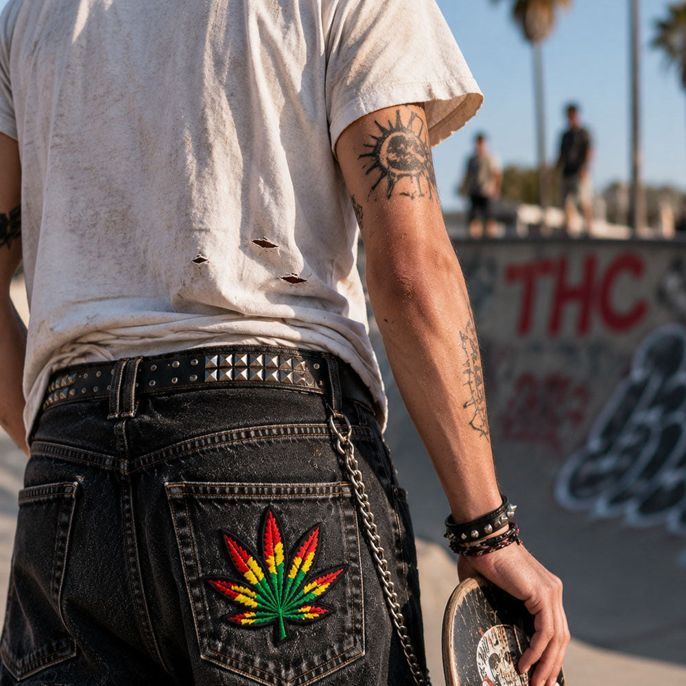 THC Rasta Star Patch displayed on the back pocket of a skater’s black jeans at an outdoor skatepark, featuring a red, yellow, green, and black embroidered cannabis leaf design