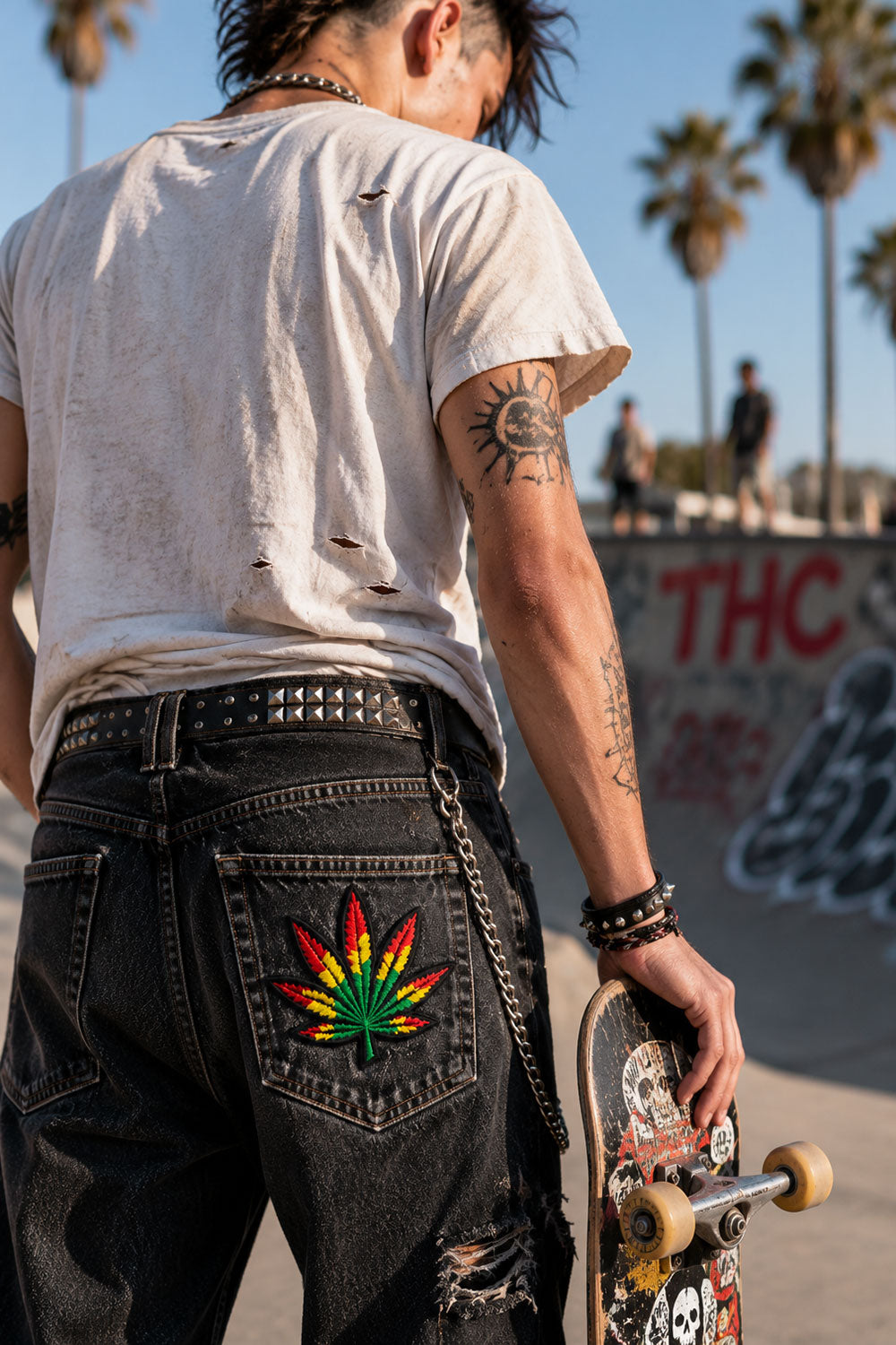 THC Rasta Star Patch displayed on the back pocket of a skater’s black jeans at an outdoor skatepark, featuring a red, yellow, green, and black embroidered cannabis leaf design
