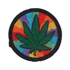 THC Rainbow Leaf embroidered patch with green cannabis leaf over psychedelic rainbow swirl background on black border