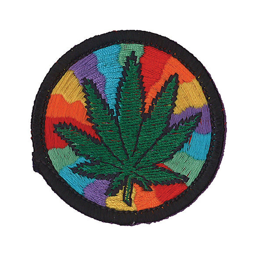 THC Rainbow Leaf embroidered patch with green cannabis leaf over psychedelic rainbow swirl background on black border