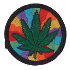 THC Rainbow Leaf embroidered patch with green cannabis leaf over psychedelic rainbow swirl background on black border